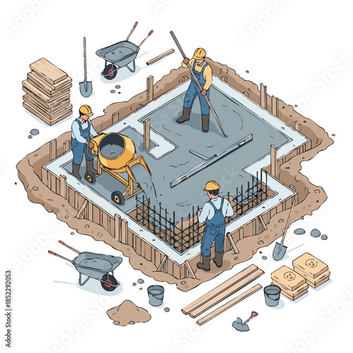 Construction Site Workers Building Foundation.