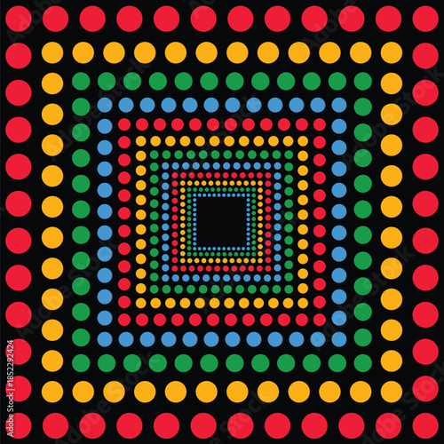 Visual effect created by squares of bright red, yellow, green and blue circles on a black background, getting progressively smaller
