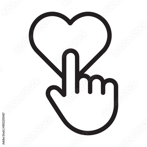 A linear icon representing a hand pointer clicking a heart button for liking content online