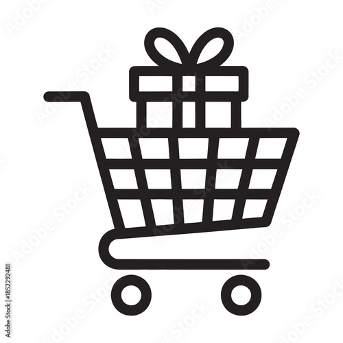 Black outline icon depicting a shopping cart containing a wrapped gift box