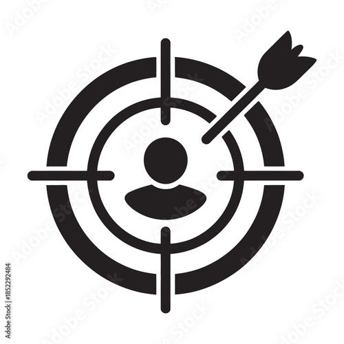A black and white icon representing target audience and customer focus with an arrow hitting the bullseye