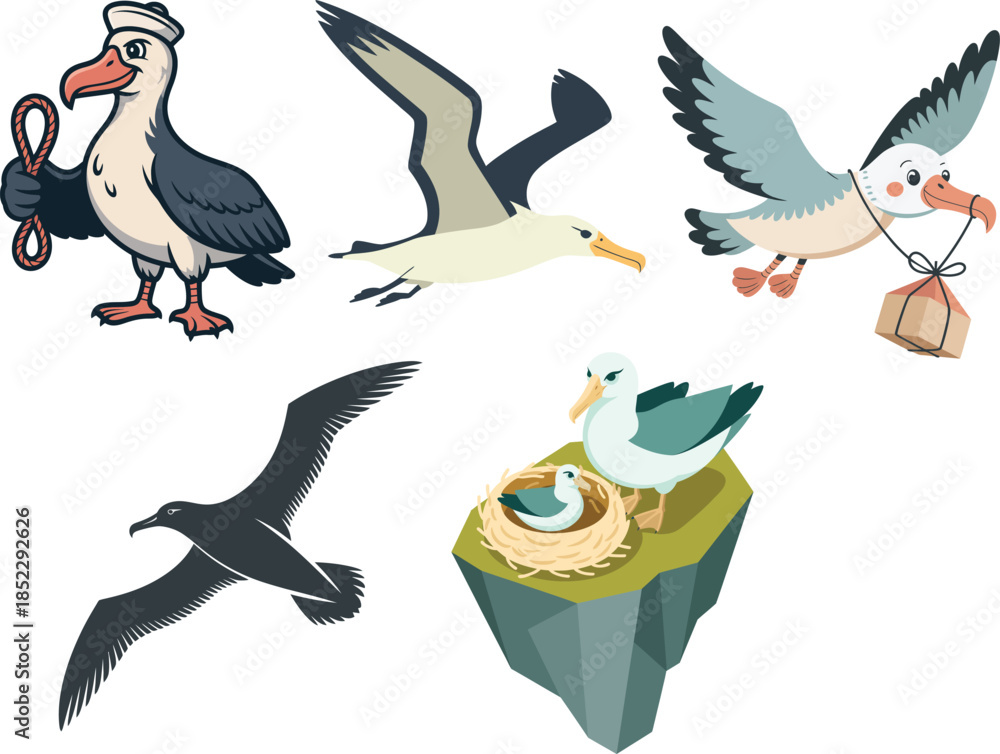 Naklejka premium Albatross seabirds flying soaring nesting and fishing set