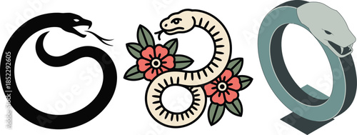 Ouroboros snake eating tail symbol with flowers and infinity loop