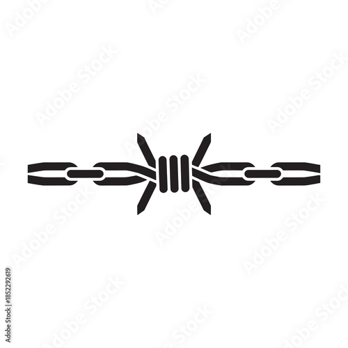 A striking black silhouette icon of barbed wire linked to a chain in minimalist style