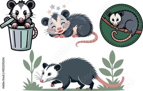 Opossum cute poses with trash can playing dead and baby in pouch