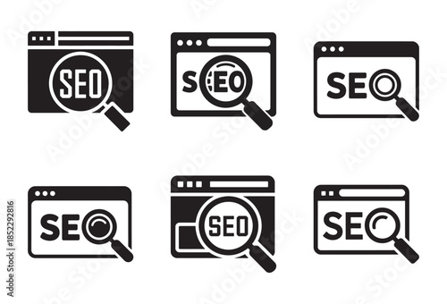 A collection of black and white icons illustrating search engine optimization and website analysis