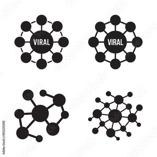 Four black and white icons illustrating viral network connections and data spread