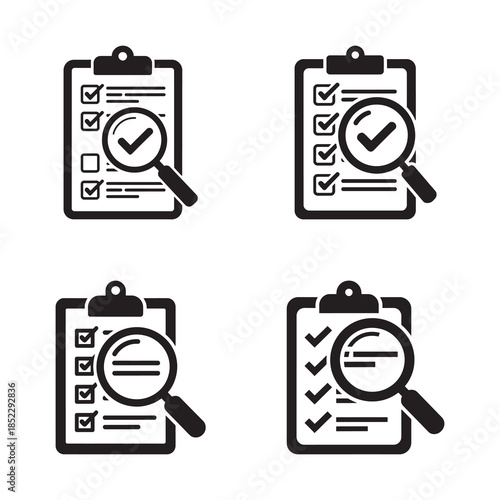 Inspection and verification checklist icon set with magnifying glass