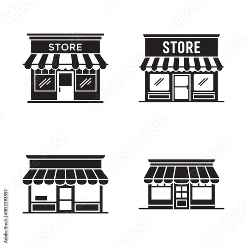 Collection of minimalist storefront icons showing different small retail shop facades with awnings