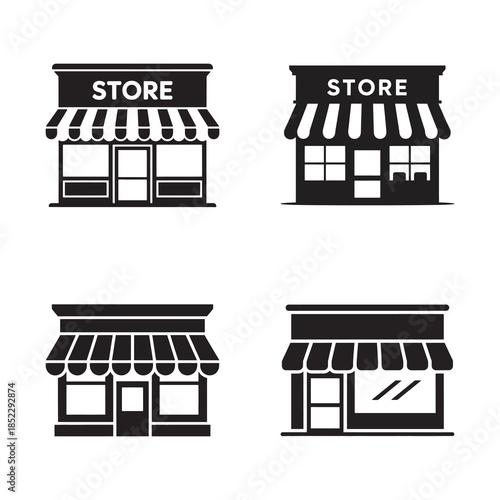 A set of four simple black and white icons representing various store facades