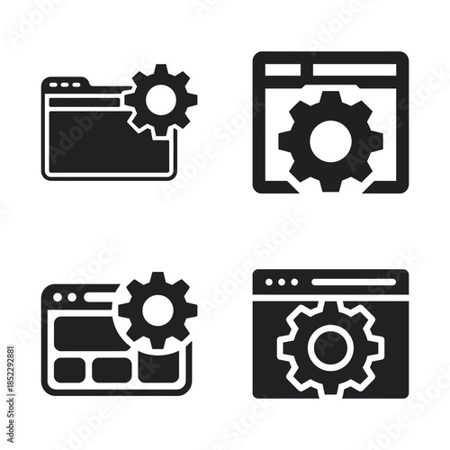Black and white icon set representing system settings, configuration, and development processes