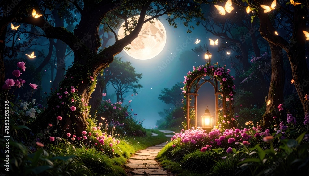 Naklejka premium Fantasy forest path with glowing butterflies, full moon, floral arch, and lanterns at night