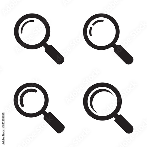 Four minimalist black magnifying glass search icons on a white background