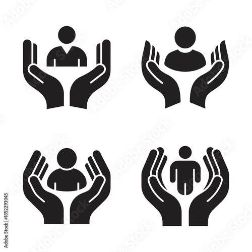 Collection of human protection and support icons depicting care and security concepts