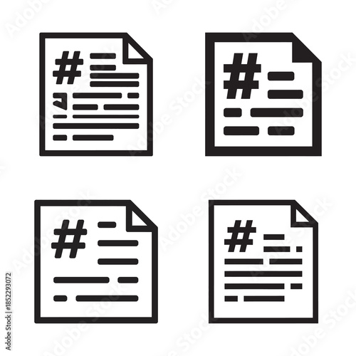 Four different black and white outline icons representing documents with a hashtag symbol for content tagging