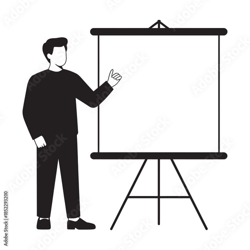 A person stands next to a blank presentation screen, ready to deliver a speech or lecture