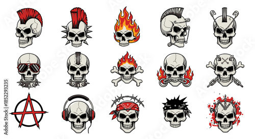 Collection of Skulls with Various Emblems.