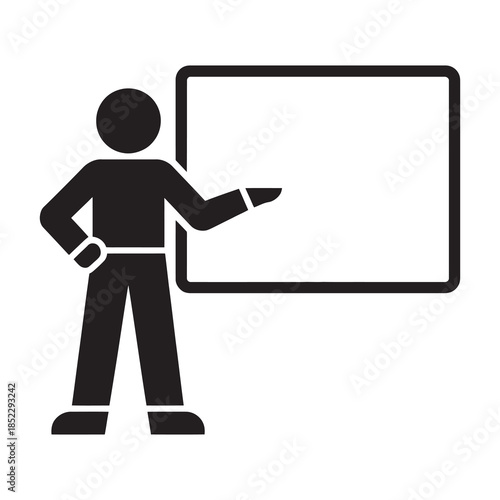 A black silhouette icon of a person giving a presentation using a large blank whiteboard.