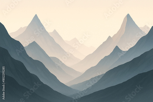 Minimalist mountain range landscape in misty blue and beige watercolor style.