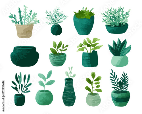 Set di disegni botanici vettoriali con piante verdi in vasi decorativi su sfondo trasparente.