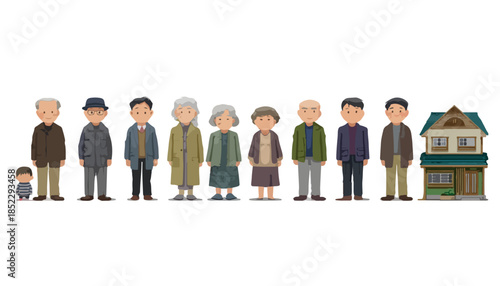 Illustrazione vettoriale di una famiglia multigenerazionale giapponese con casa, su sfondo trasparente.