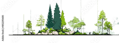 Illustrazione vettoriale di alberi e vegetazione su sfondo trasparente, sezione paesaggistica stilizzata.