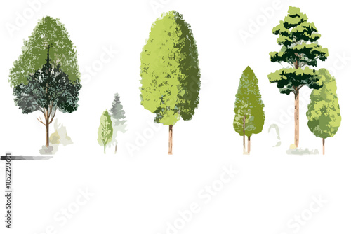 Set di cinque alberi stilizzati con chiome verdi, disegno digitale su sfondo trasparente, ideali per architettura.