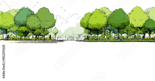 Disegno a mano libera di un viale alberato con vegetazione lussureggiante e sfondo urbano sfocato su trasparente.