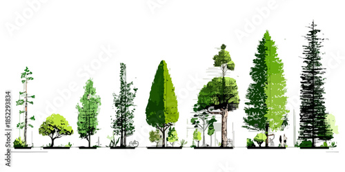 Illustrazione vettoriale di diverse specie di alberi stilizzati con sfondo trasparente per progetti grafici.