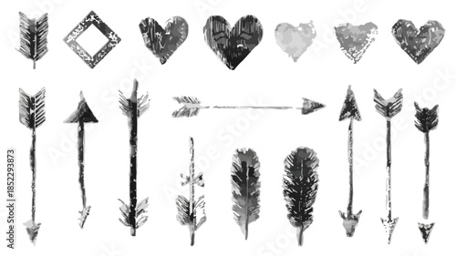 Set di icone tribali disegnate a mano: frecce, piume e cuori con texture grunge su sfondo trasparente.