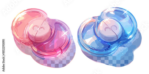 Due custodie trasparenti per auricolari wireless, rosa e blu, isolate su sfondo bianco.