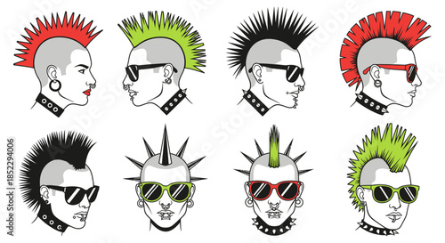 Punk Rock Style Male Head Illustrations.