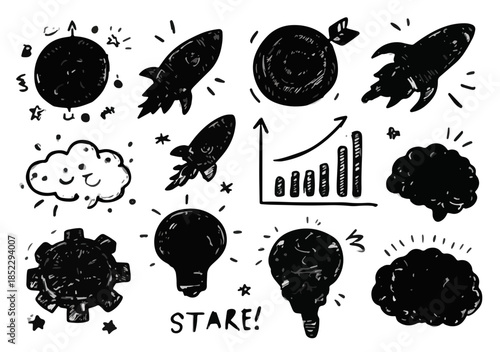Set di icone disegnate a mano in nero su sfondo trasparente: idee, razzi, cervello, crescita e obiettivi.