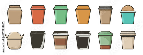 Collezione di icone vettoriali di bicchieri da asporto per bevande calde e fredde con coperchi.