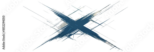 Segno astratto a forma di X blu scuro con pennellate ruvide su sfondo bianco trasparente, stile grunge.