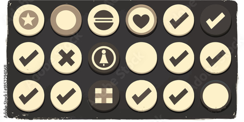 Set di icone vintage su sfondo scuro con segni di spunta, cuore, stella e croce, stile retrò.