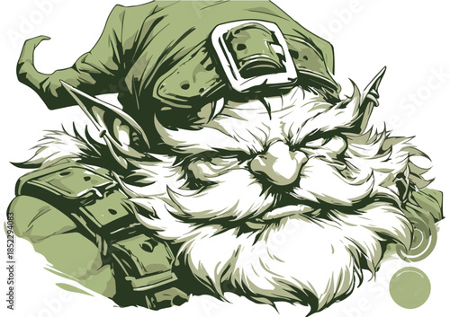 Ritratto monocromatico di un gnomo barbuto e burbero con cappello, illustrazione vettoriale su sfondo trasparente.
