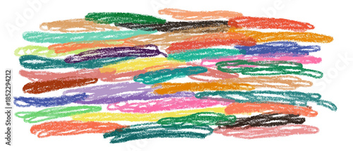 Disegno astratto con strisce colorate a pastello su sfondo bianco trasparente, stile infantile.