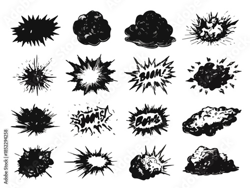 Collezione di esplosioni, scintille e fumetti disegnati a mano in stile grunge e trasparente per effetti visivi dinamici.