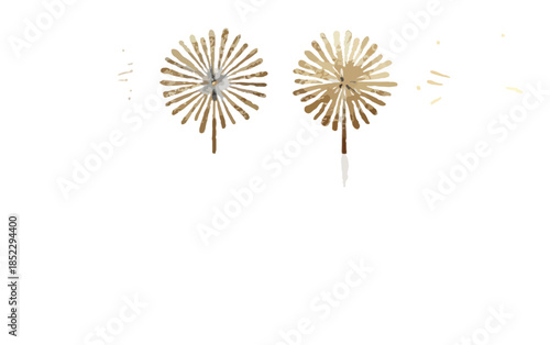 Due decorazioni dorate a forma di soffione stilizzato su sfondo trasparente, ideali per feste.