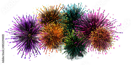 Esplosione di fuochi d'artificio multicolori con sfondo trasparente, celebrazione festiva luminosa.
