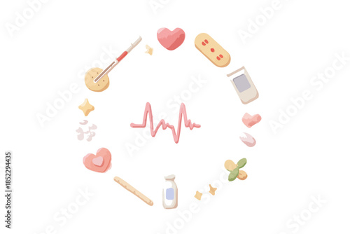 Illustrazione vettoriale di elementi medici e sanitari in stile kawaii, disposti in cerchio con elettrocardiogramma al centro.