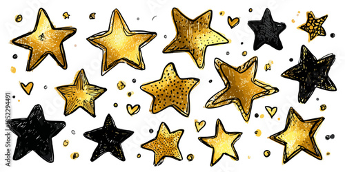 Set di stelle disegnate a mano in oro e nero, perfette per decorazioni festive e design astratti.