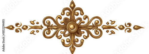 Elemento decorativo barocco dorato, ornamento floreale stilizzato con sfondo trasparente per design.