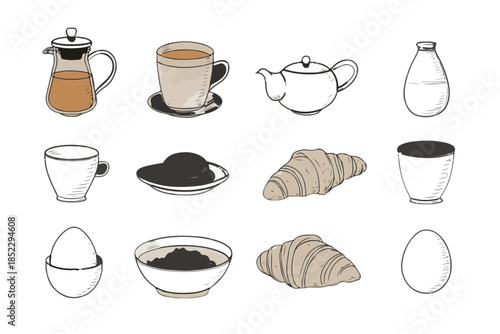 Set di illustrazioni disegnate a mano di elementi per colazione come tè, caffè, uova, croissant e latte su sfondo trasparente.