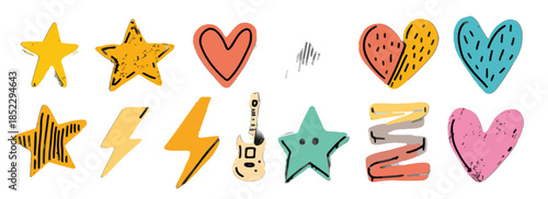 Set di adesivi disegnati a mano con stelle, cuori, fulmini e chitarra elettrica su sfondo trasparente.