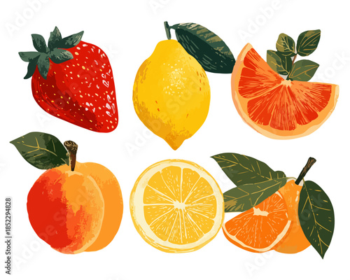 Illustrazione vettoriale di frutta estiva fresca come fragola, limone, arancia e pesca su sfondo trasparente
