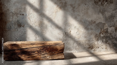Rustic wooden block rests on a concrete floor against a textured stucco wall with dramatic window light patterns