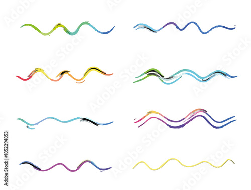 Collezione di linee ondulate astratte e colorate, elementi grafici decorativi con sfondo trasparente.