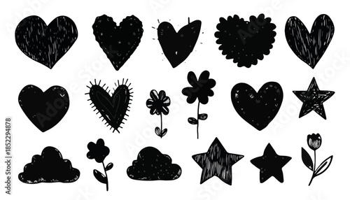 Collezione di icone disegnate a mano in stile scarabocchio nero: cuori, stelle, fiori e nuvole su sfondo trasparente.